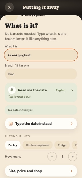 The date step, with the microphone row that reads the expiry date out loud, and a typed way in beside it