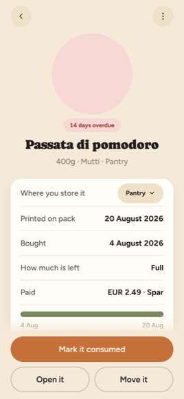 One item, with where it is stored and how much is left