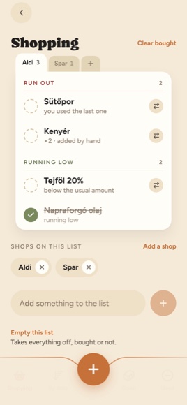 The shopping list, sorted by shop, shared with the household