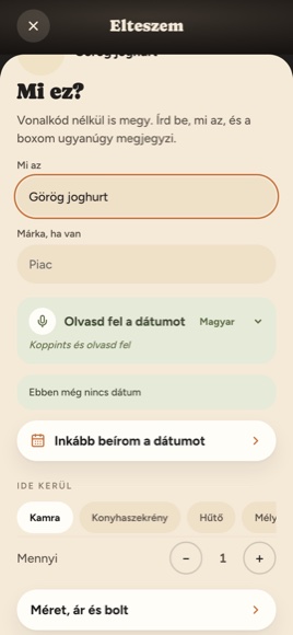 A dátum megadása: a mikrofonos sor, amellyel felolvasod a lejáratot, és mellette a beírás