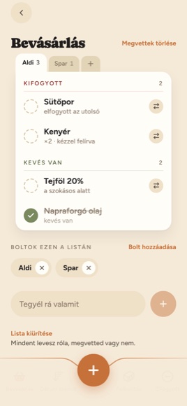A bevásárlólista, boltok szerint rendezve, a háztartással megosztva